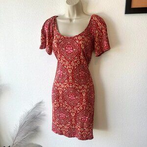 Boden Sz 4 Long Scoop Neck Jersey Mini Shift Dress Pink Red Flutter Sleeve Small